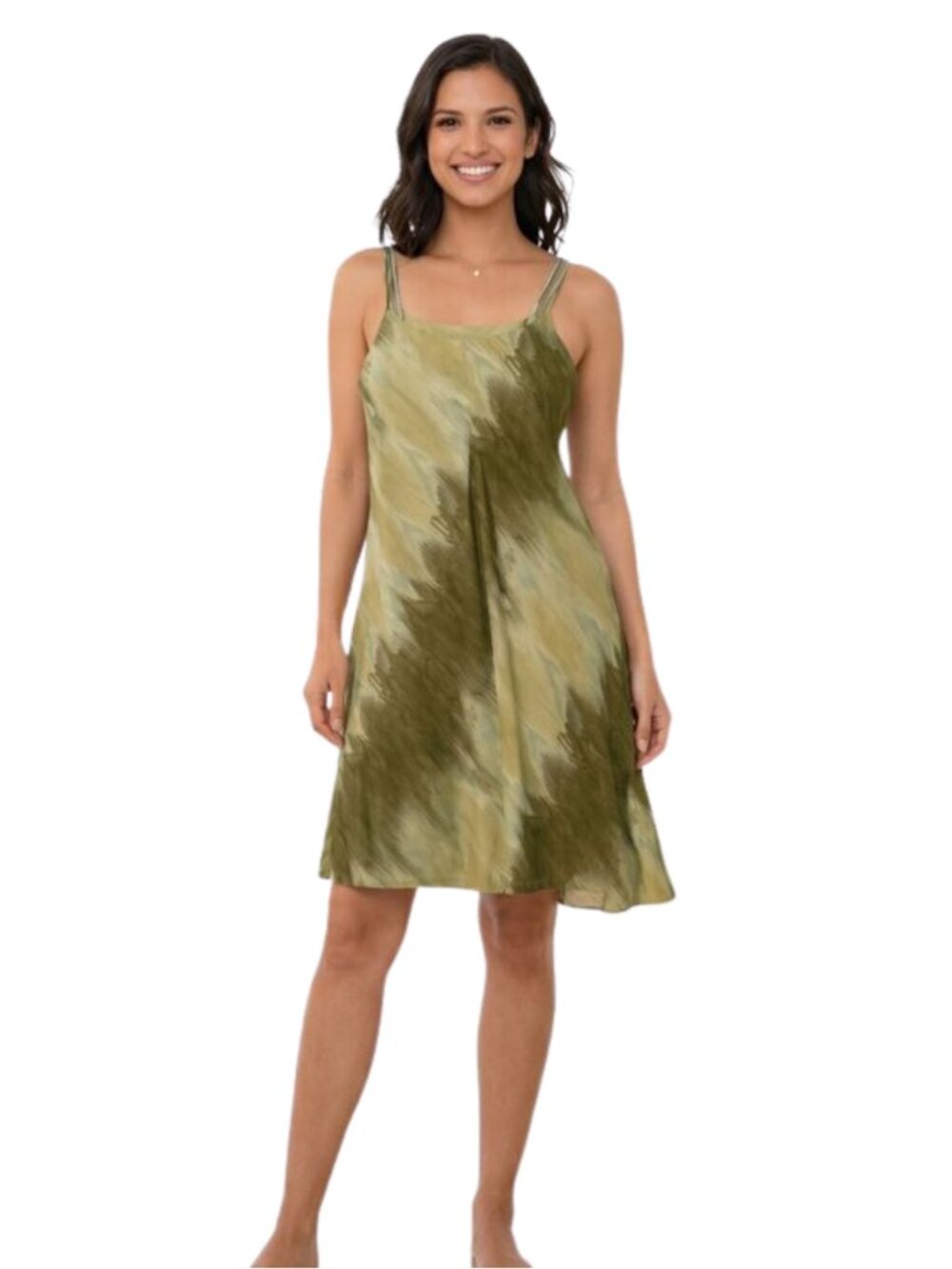Rene Margo Olive Green & Cream Sundress Size L Spaghetti Strap Cottagecore